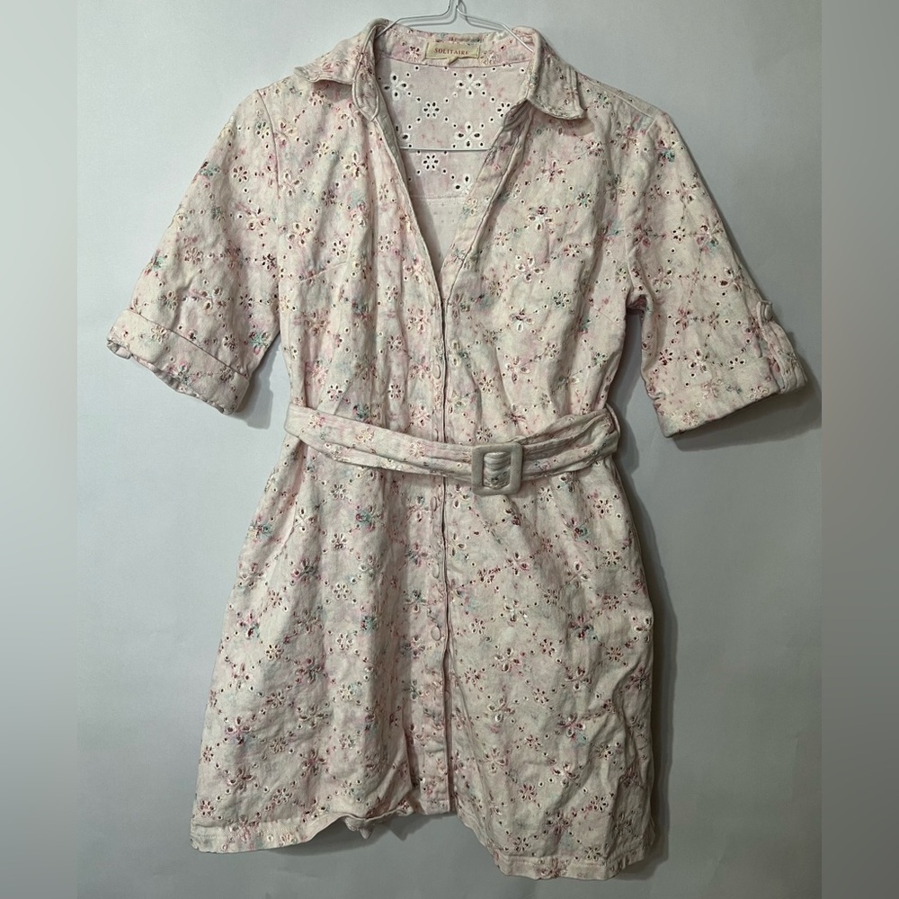 Solitaire Pink Tie Dye Floral Eyelets Belted Shirt Dress Size Medium Spring